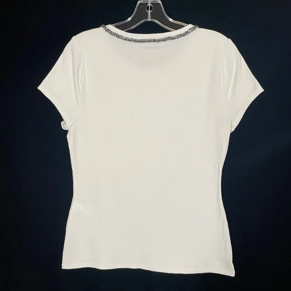 White House Black Market‎ Tee Rhinestone Bow Neckline Embellished Party S - Picture 4 of 4